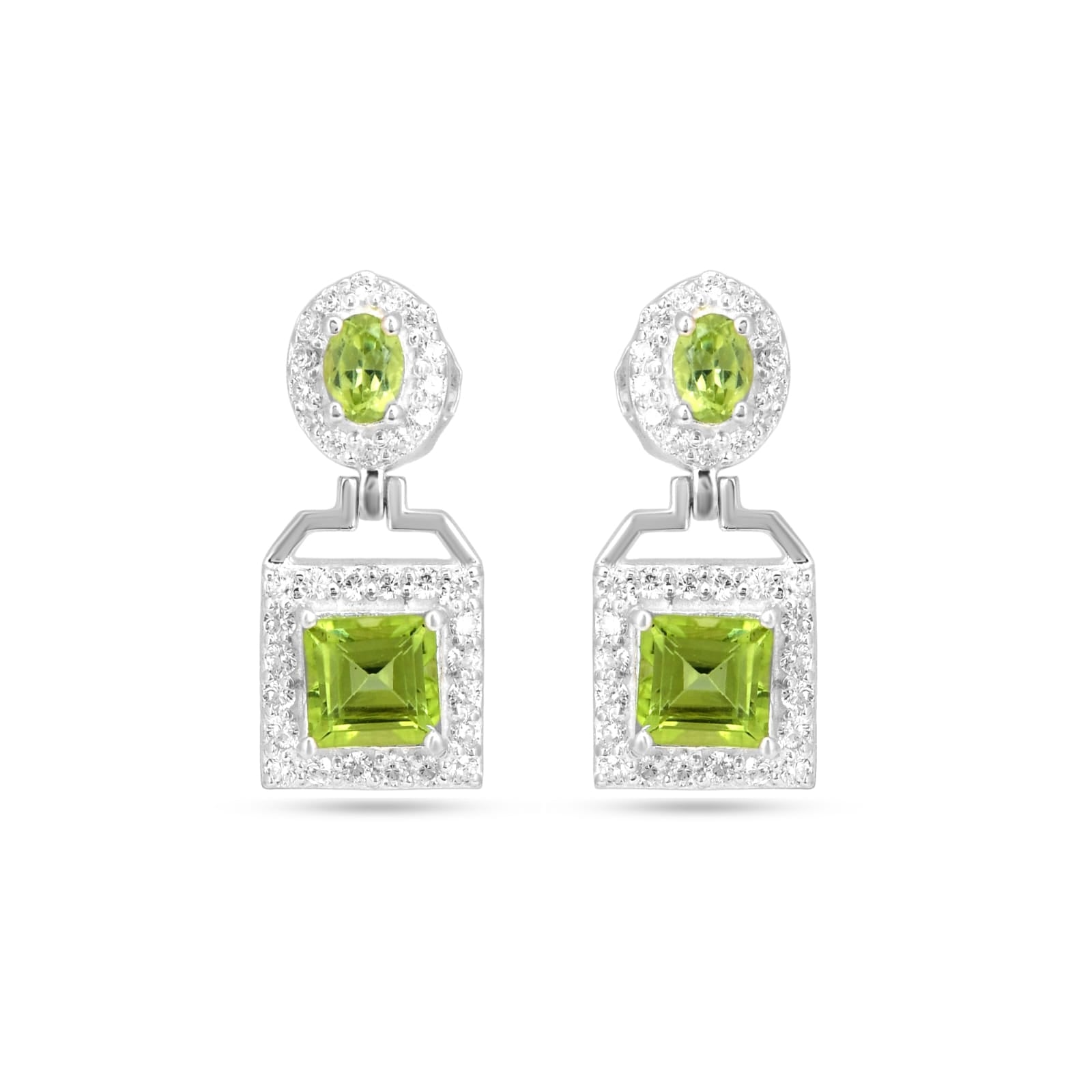 Pair of earrings with green gemstones on a white background