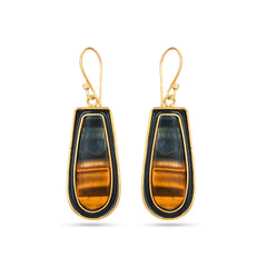 Tiger's Eye 925 Silver Earring With Black Enamel