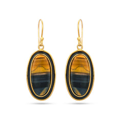 Tiger's Eye 925 Silver Earring With Black Enamel