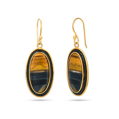 Tiger's Eye 925 Silver Earring With Black Enamel