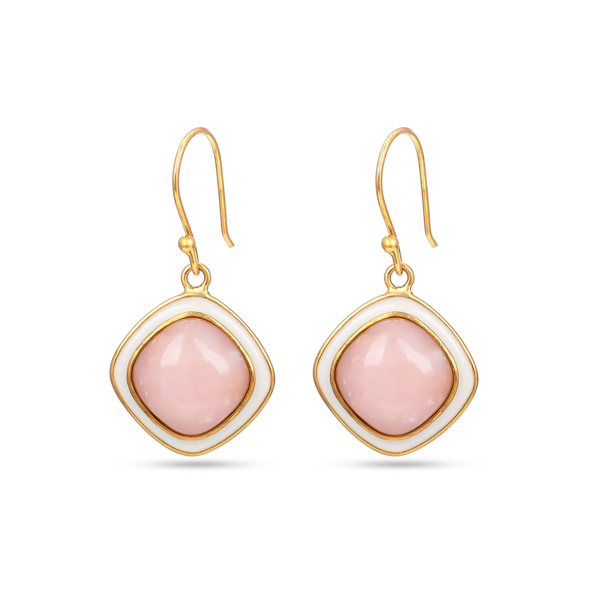 Pink opal 925 silver earrings with White Enamel