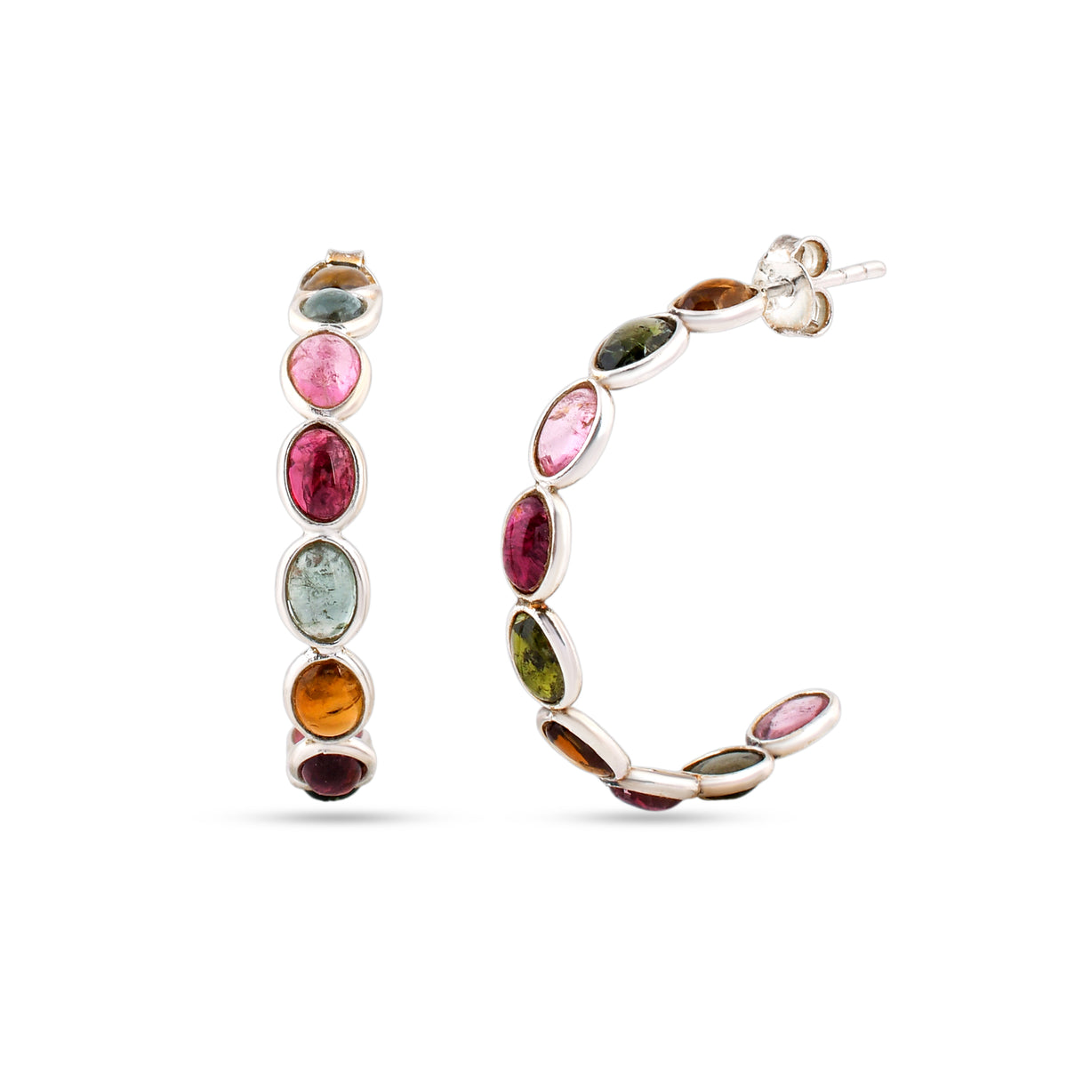 Multi Tourmaline Silver Hoop Earrings In 925 Silver