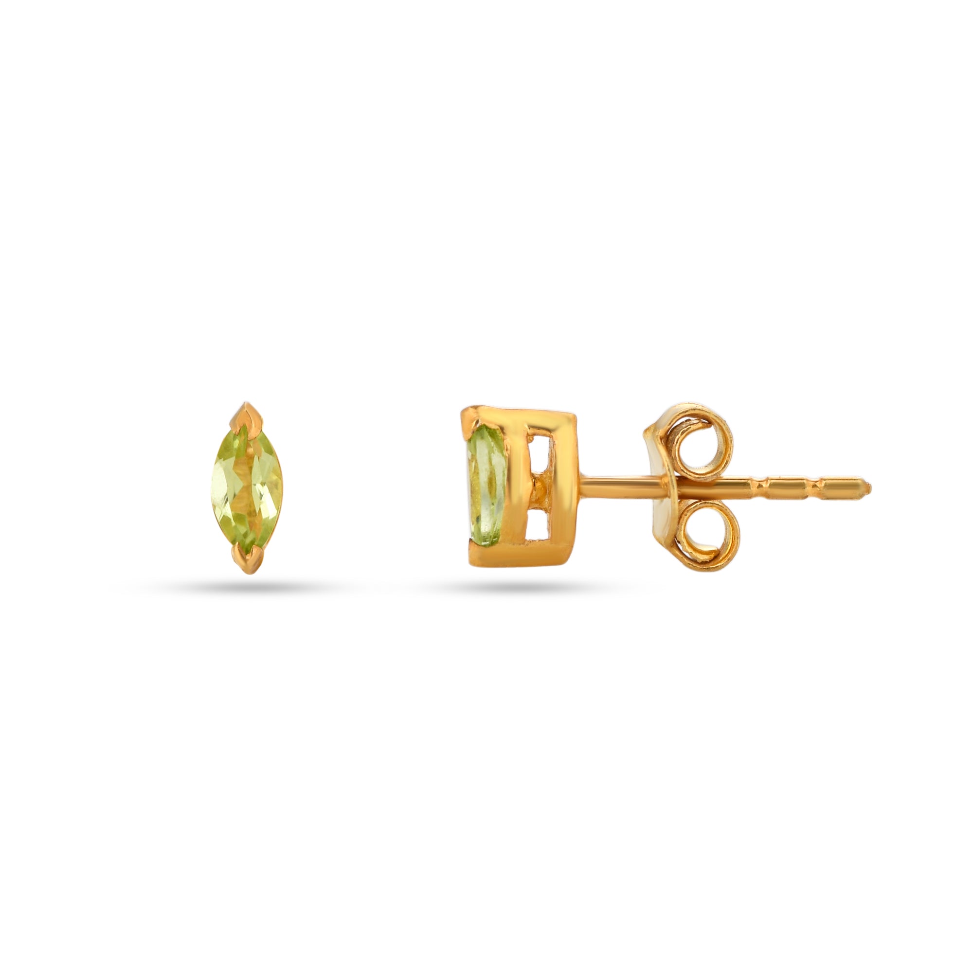 Gold earrings with green gemstones on a white background