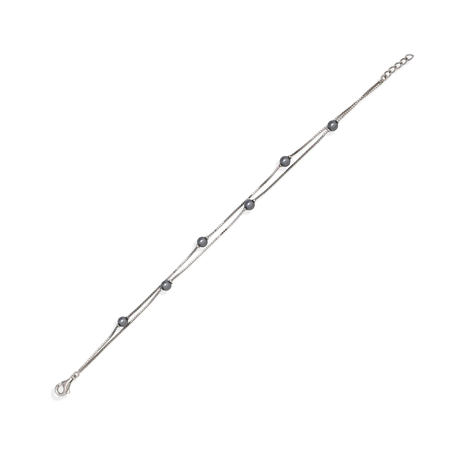 Silver bracelet with black beads on a white background
