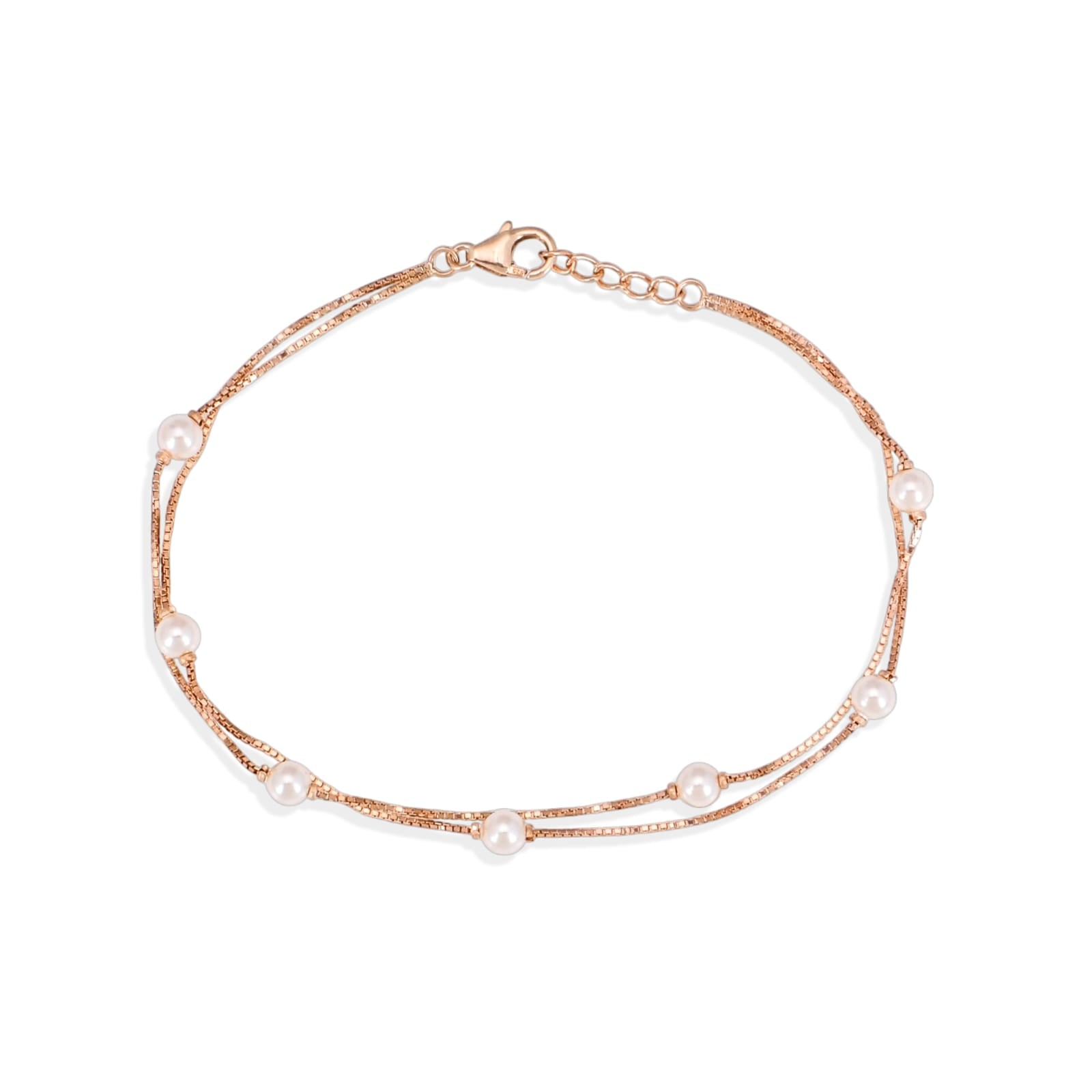 Rose gold bracelet with pearls on a white background