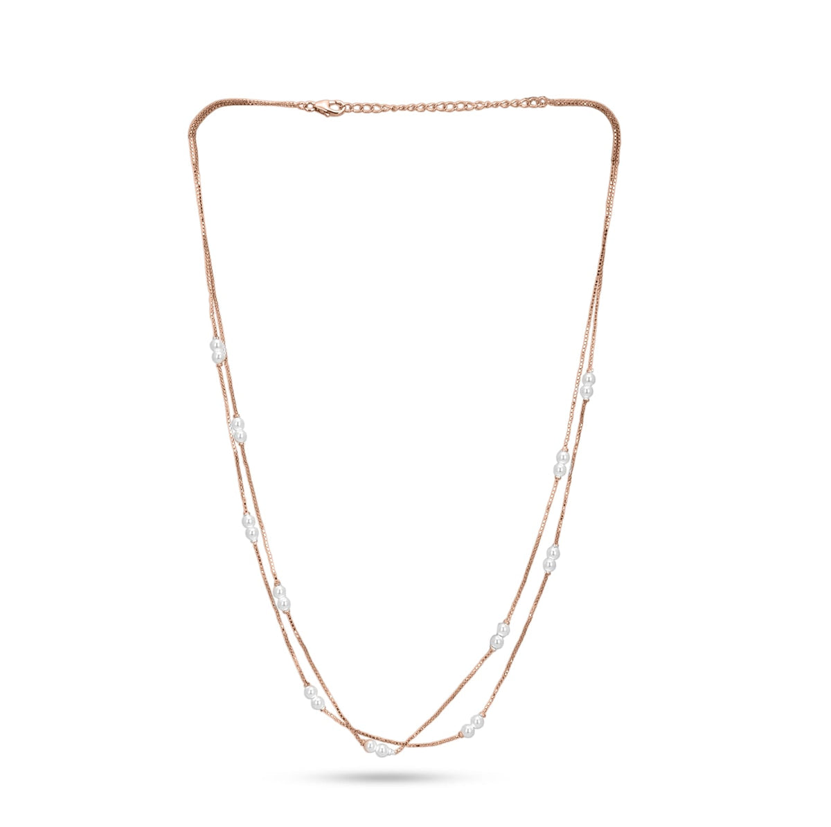 Long necklace with rose gold chain and pearls on a white background