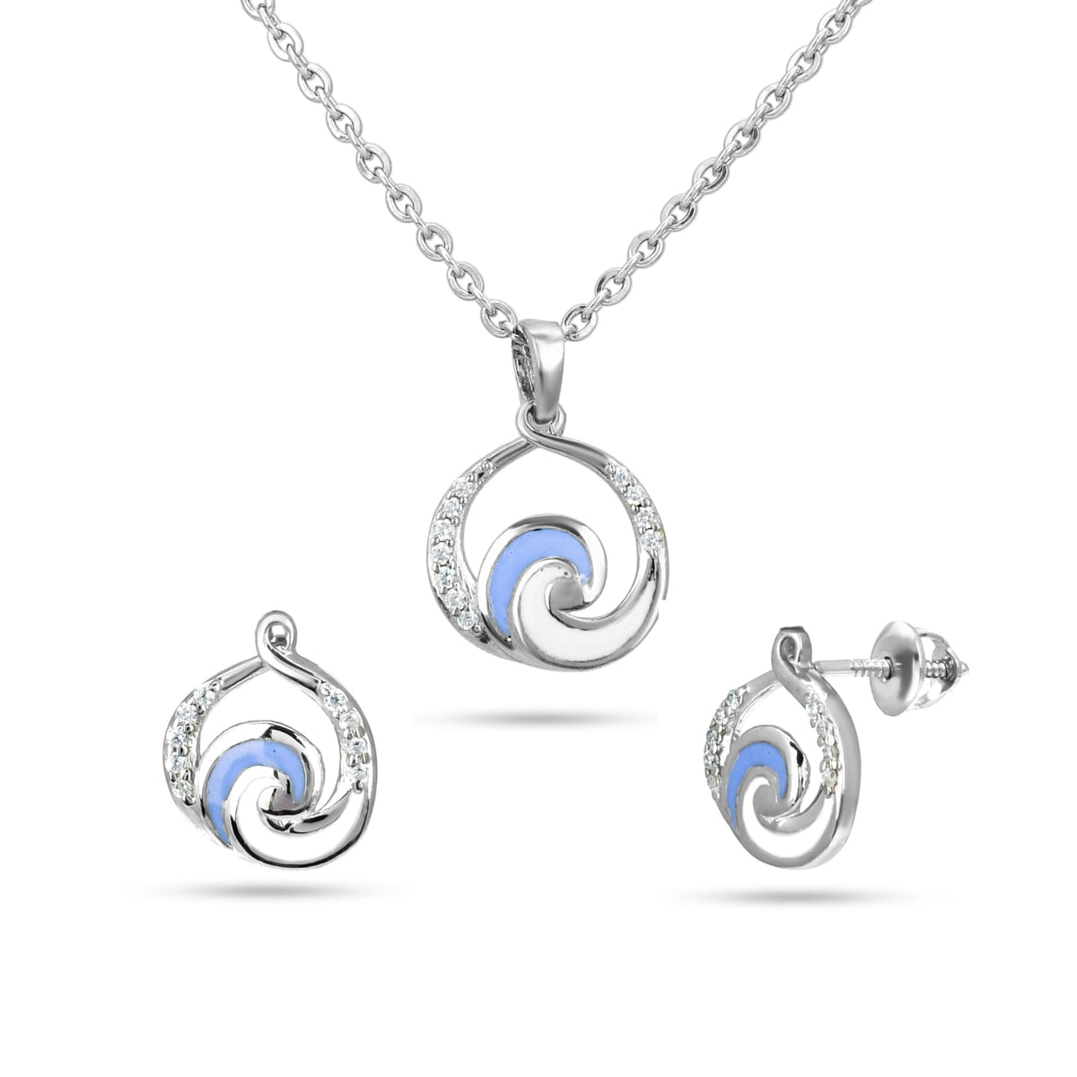 Silver jewelry set with spiral design on a white background