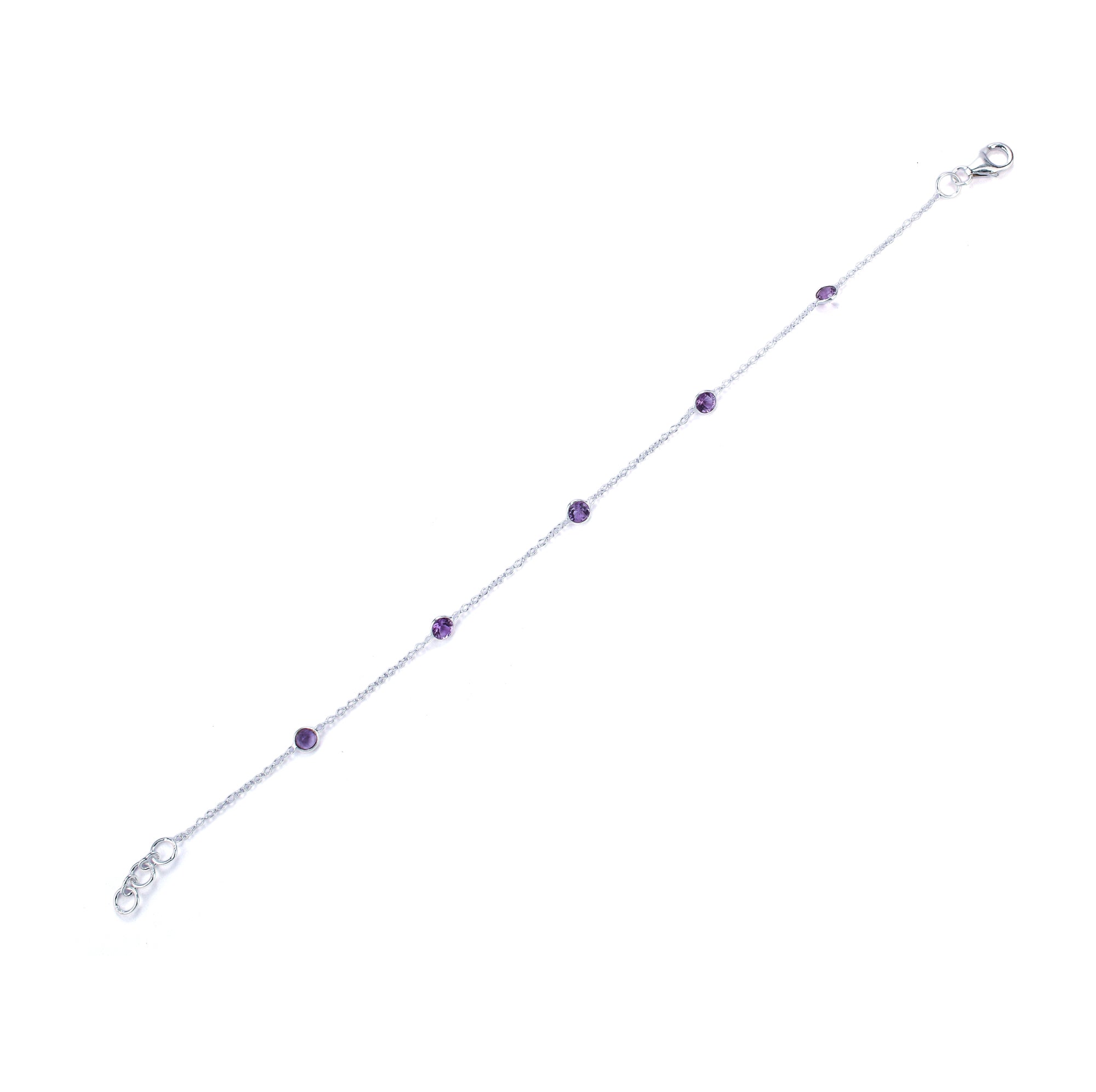 Silver bracelet with purple beads on a white background