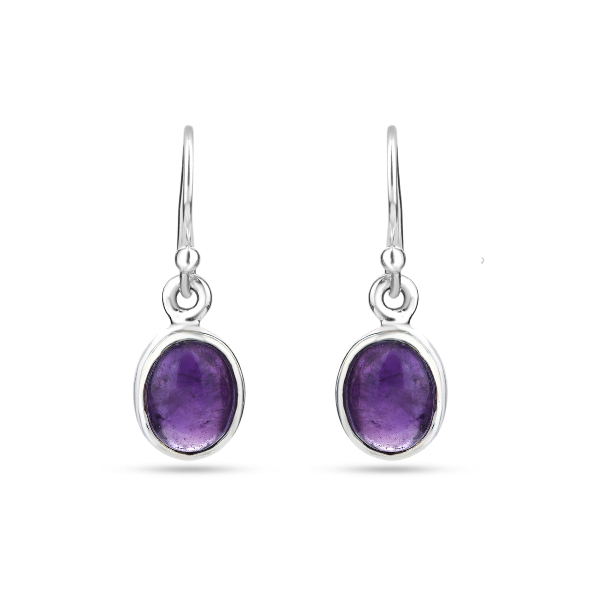 Silver earrings with purple gemstones on a white background