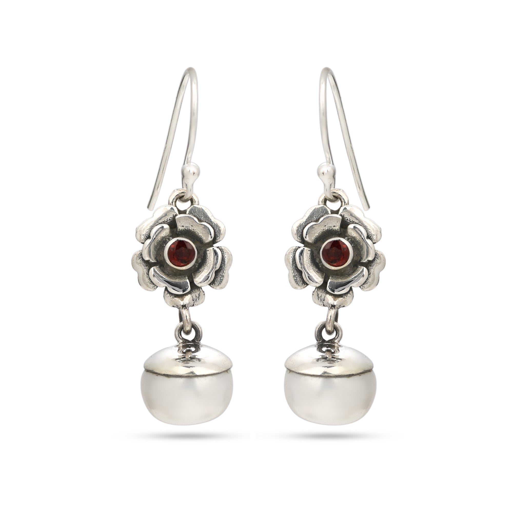 Floral Garnet & Pearl Dangle Earrings in 925 Silver