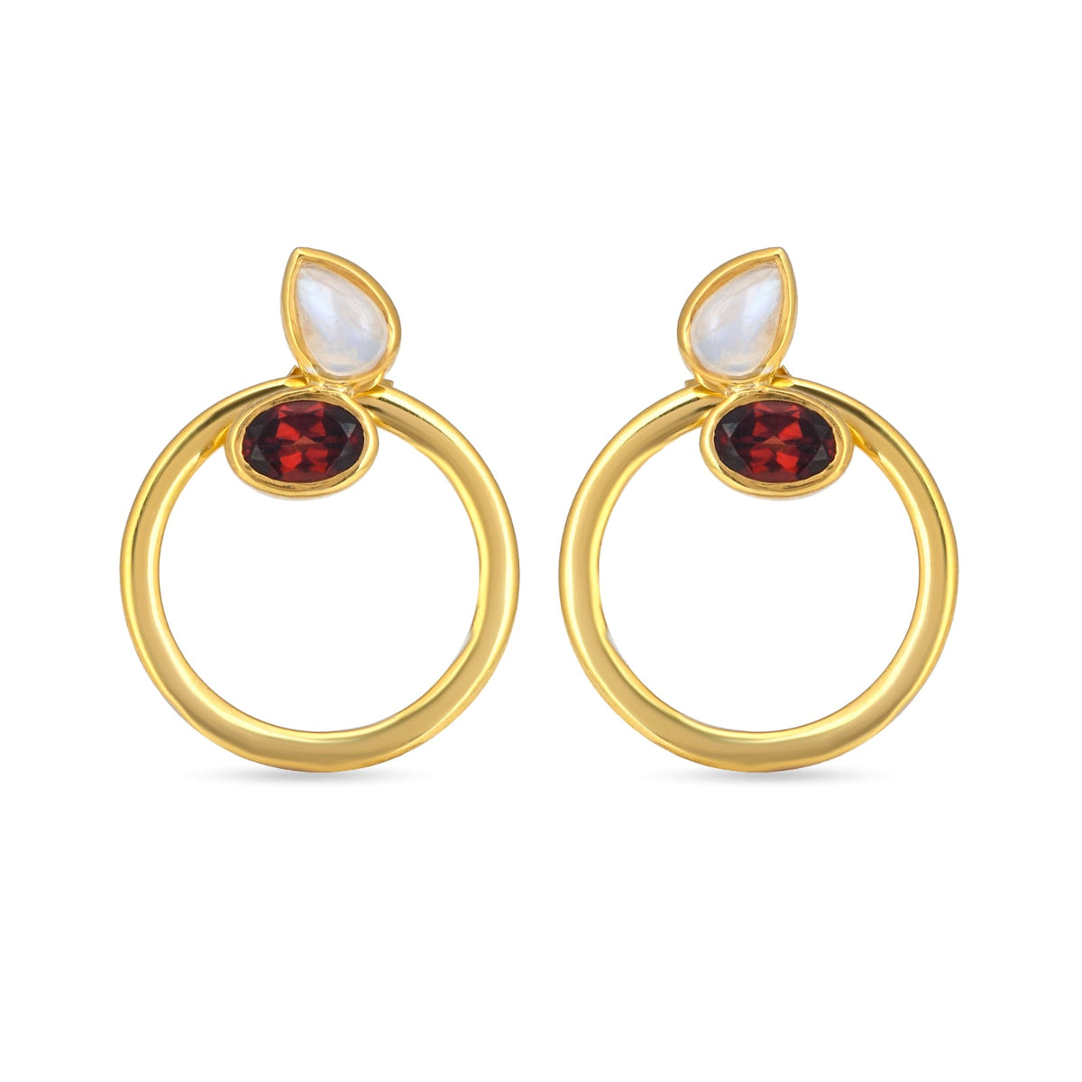Gold hoop earrings with red gemstones and white stones on a white background