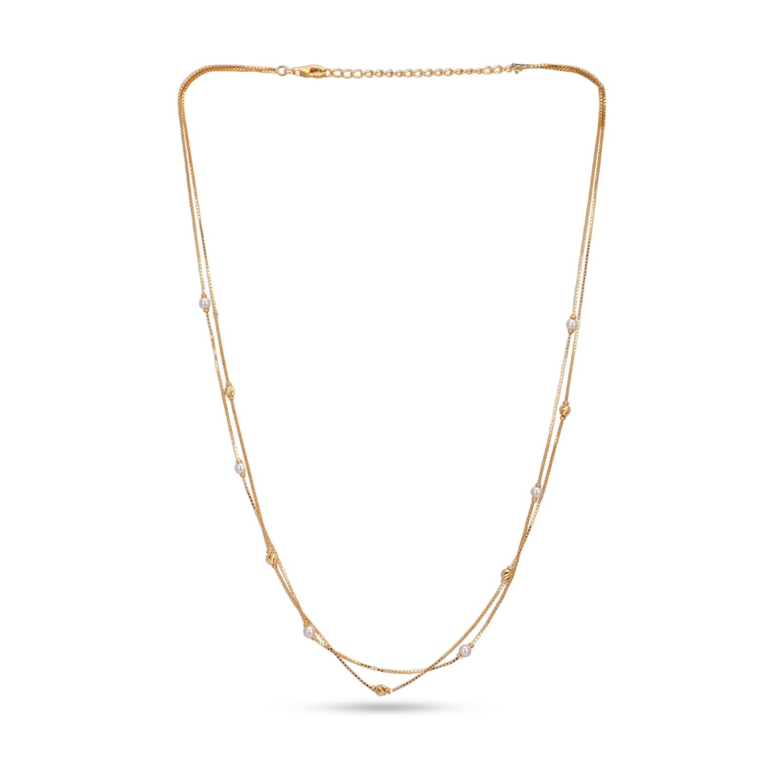 Gold necklace with small pearls on a white background