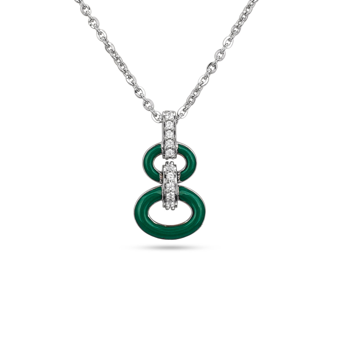 Green pendant with diamond accents on a white background
