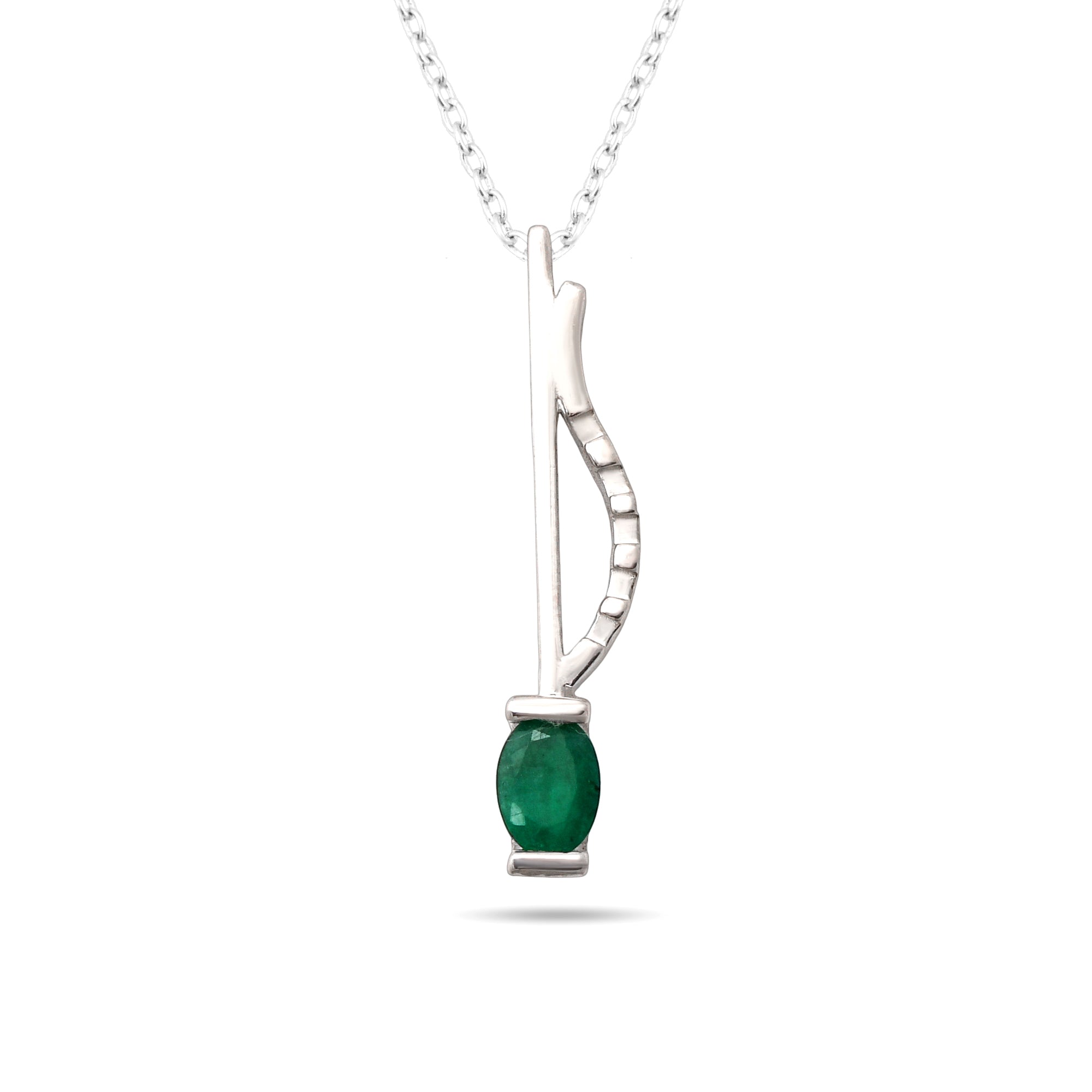 Silver necklace with a green gemstone pendant on a white background