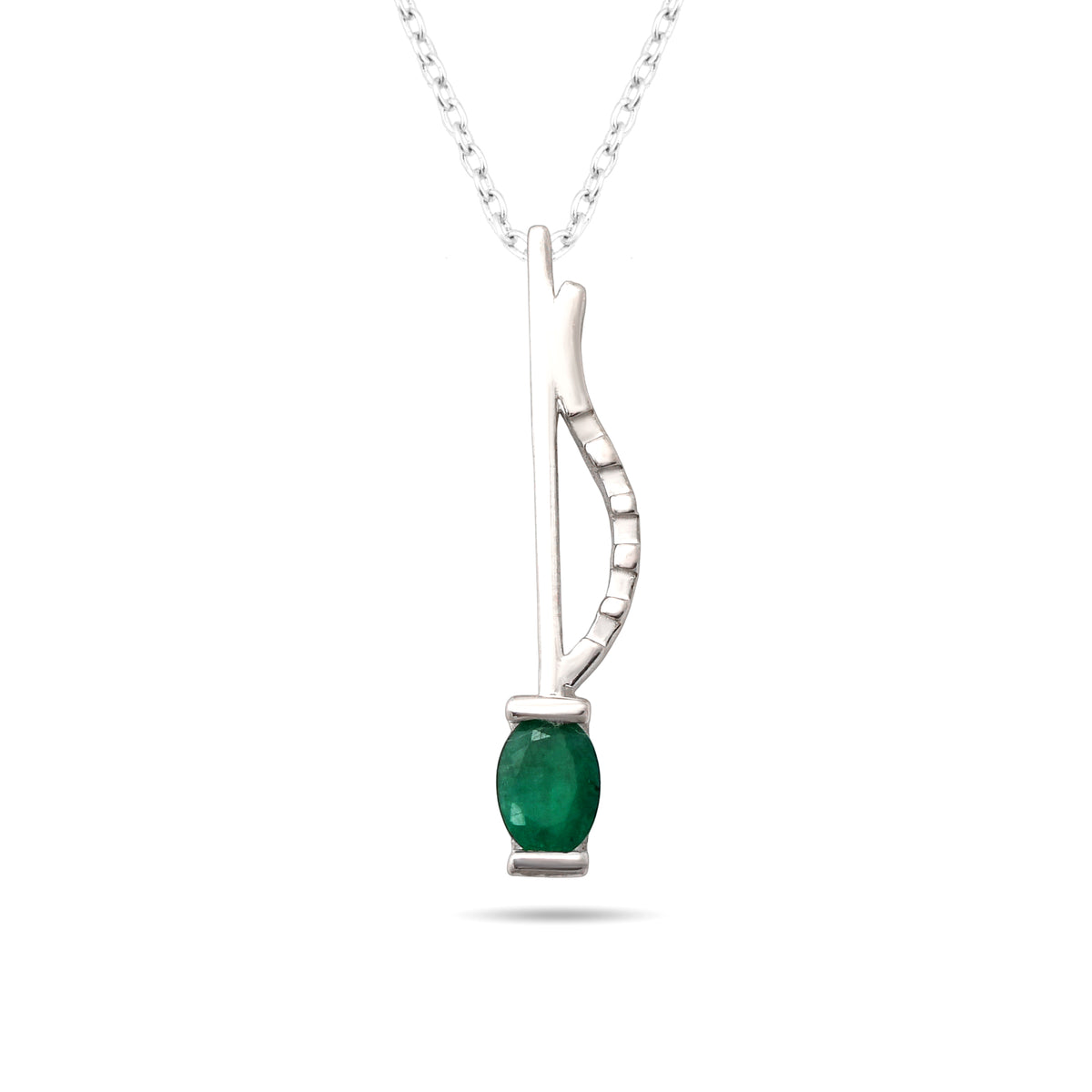 Silver necklace with a green gemstone pendant on a white background