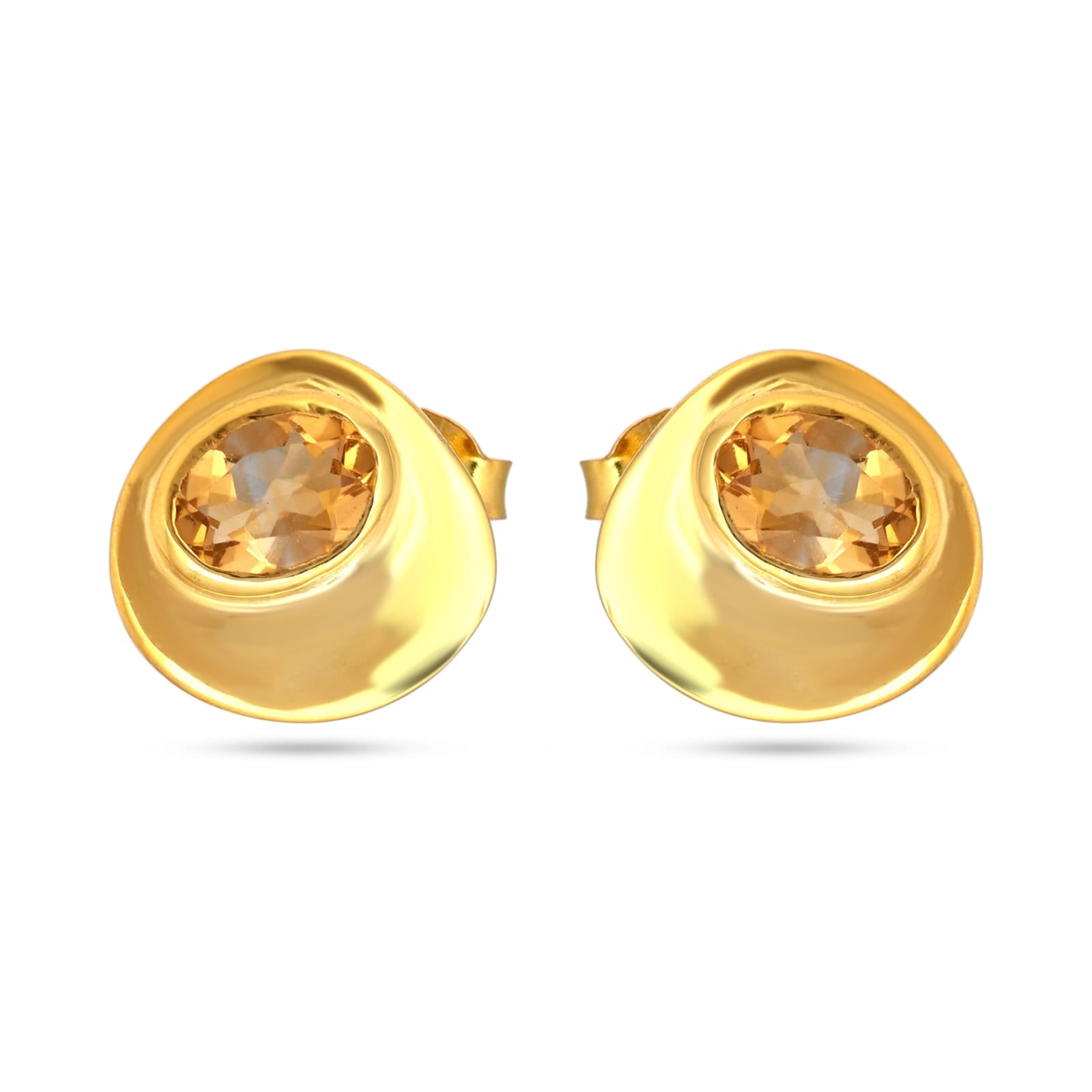 Gold earrings with citrine stones on a white background
