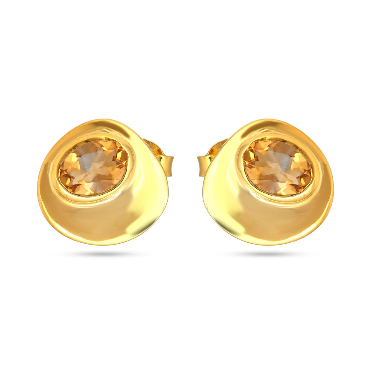 Gold earrings with citrine stones on a white background