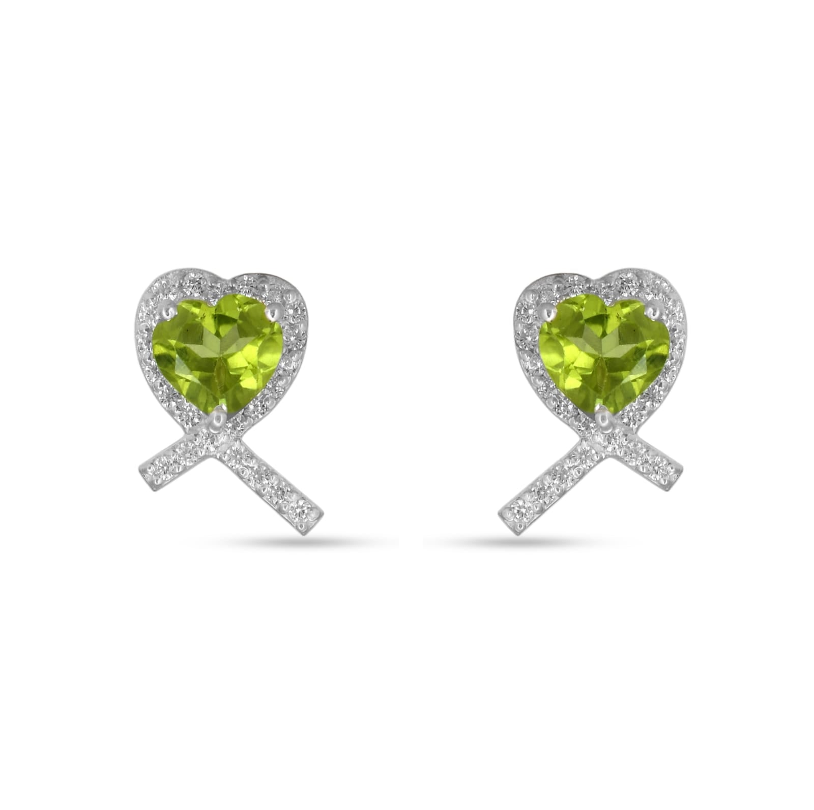 Heart-shaped green gemstone earrings on a white background