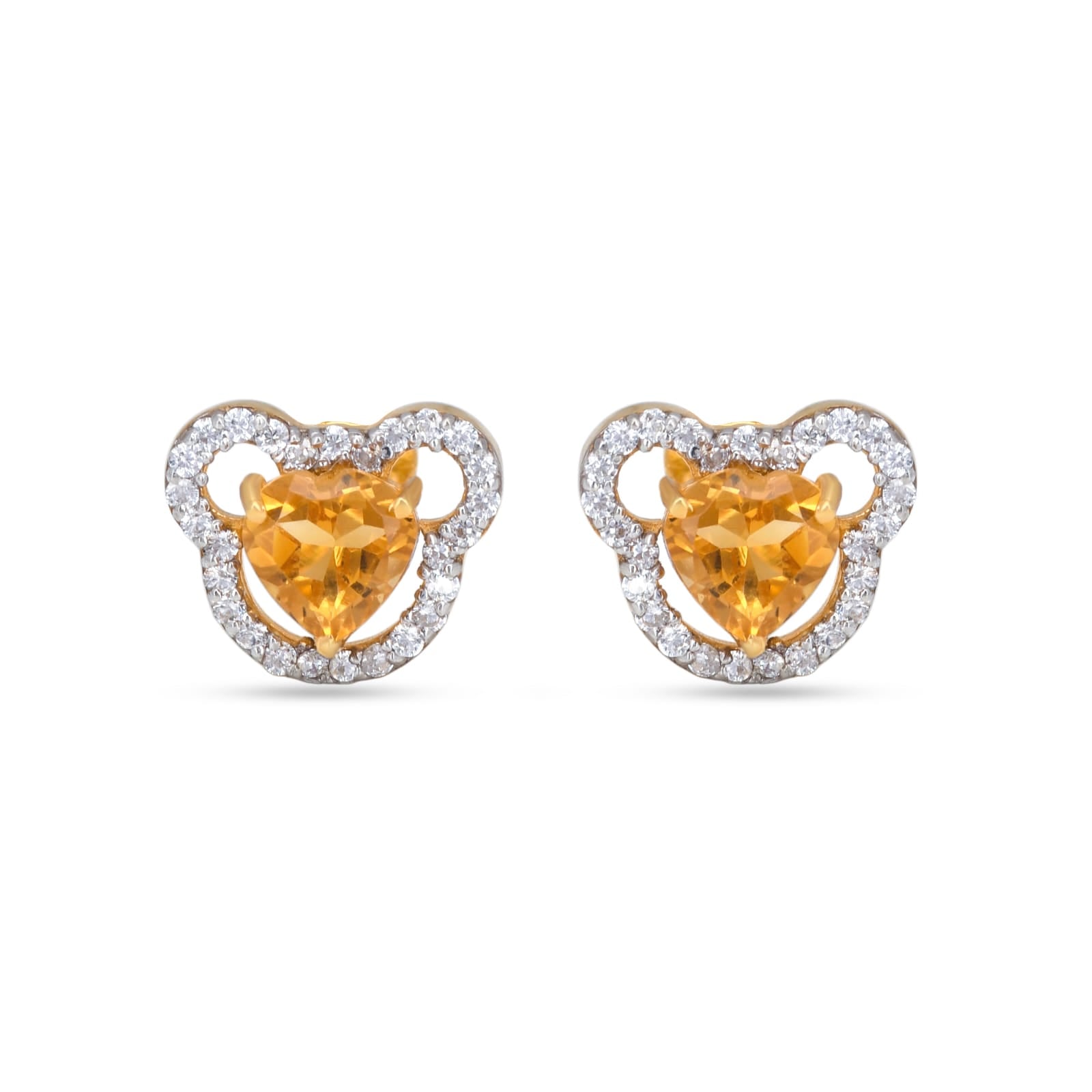 Heart-shaped citrine earrings with diamond accents on a white background