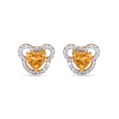Heart-shaped citrine earrings with diamond accents on a white background