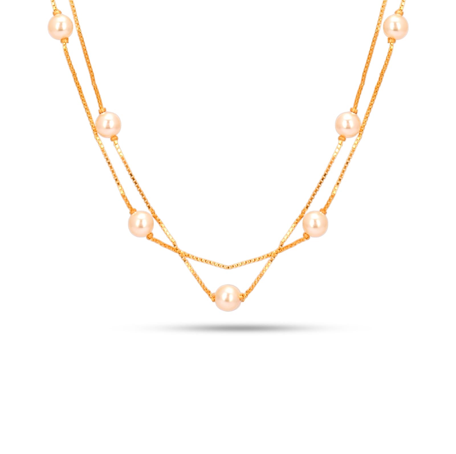 Two-layered pearl necklace with gold chain on a white background