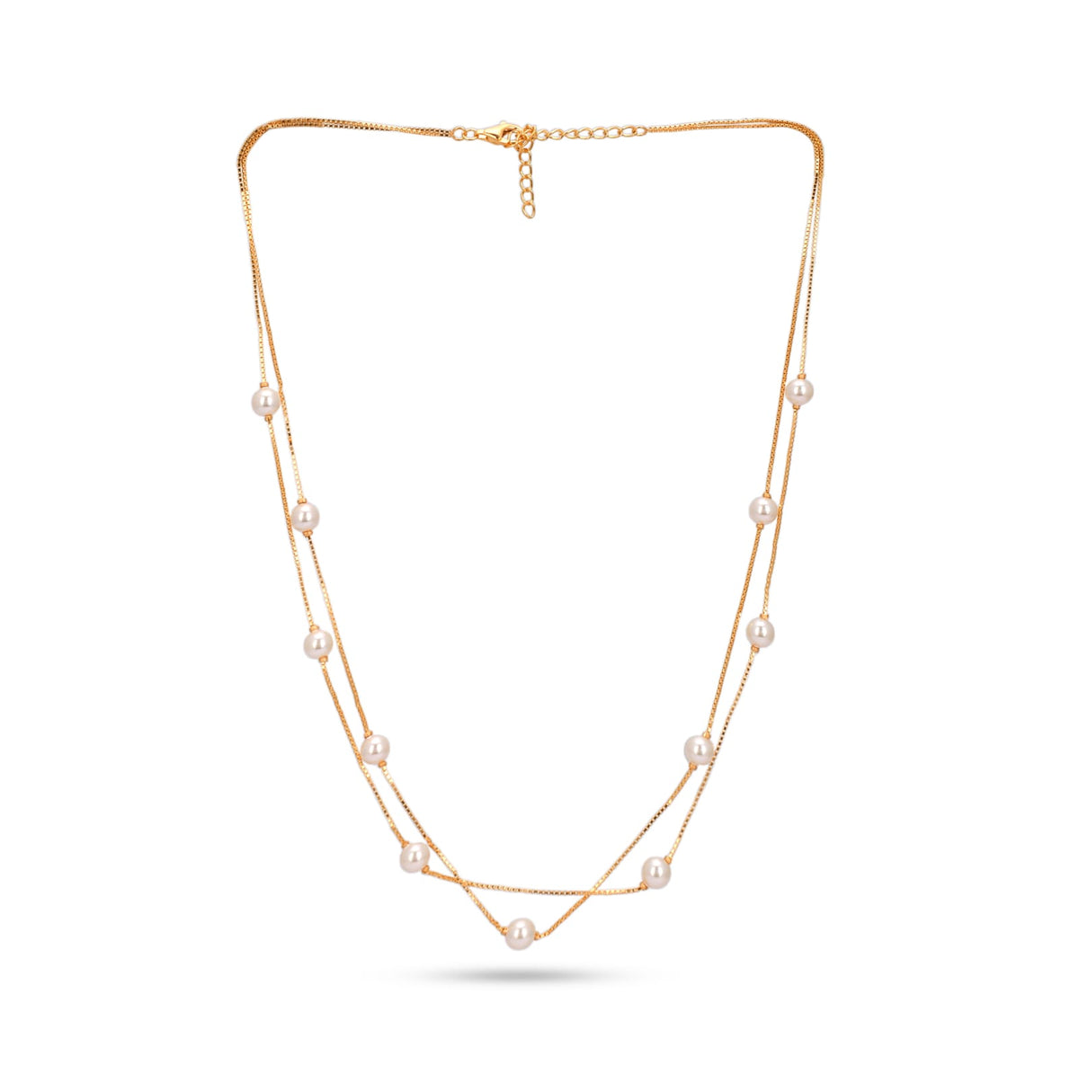 Gold necklace with pearls on a white background