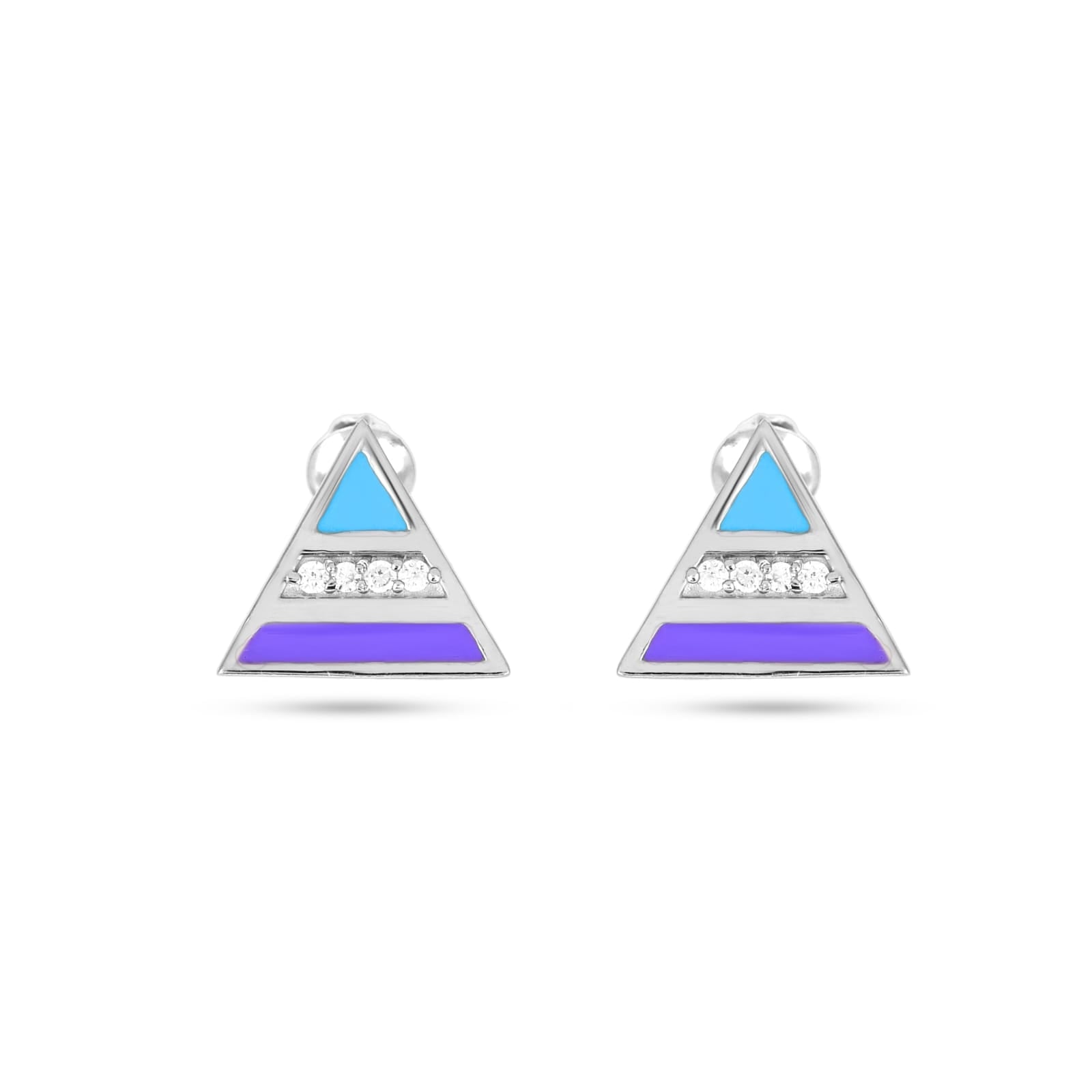 Triangle-shaped earrings with blue and purple sections on a white background
