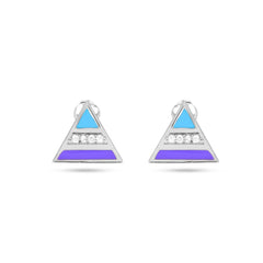Triangle-shaped earrings with blue and purple sections on a white background