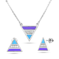 Jewelry set with triangular pendant and earrings on a white background