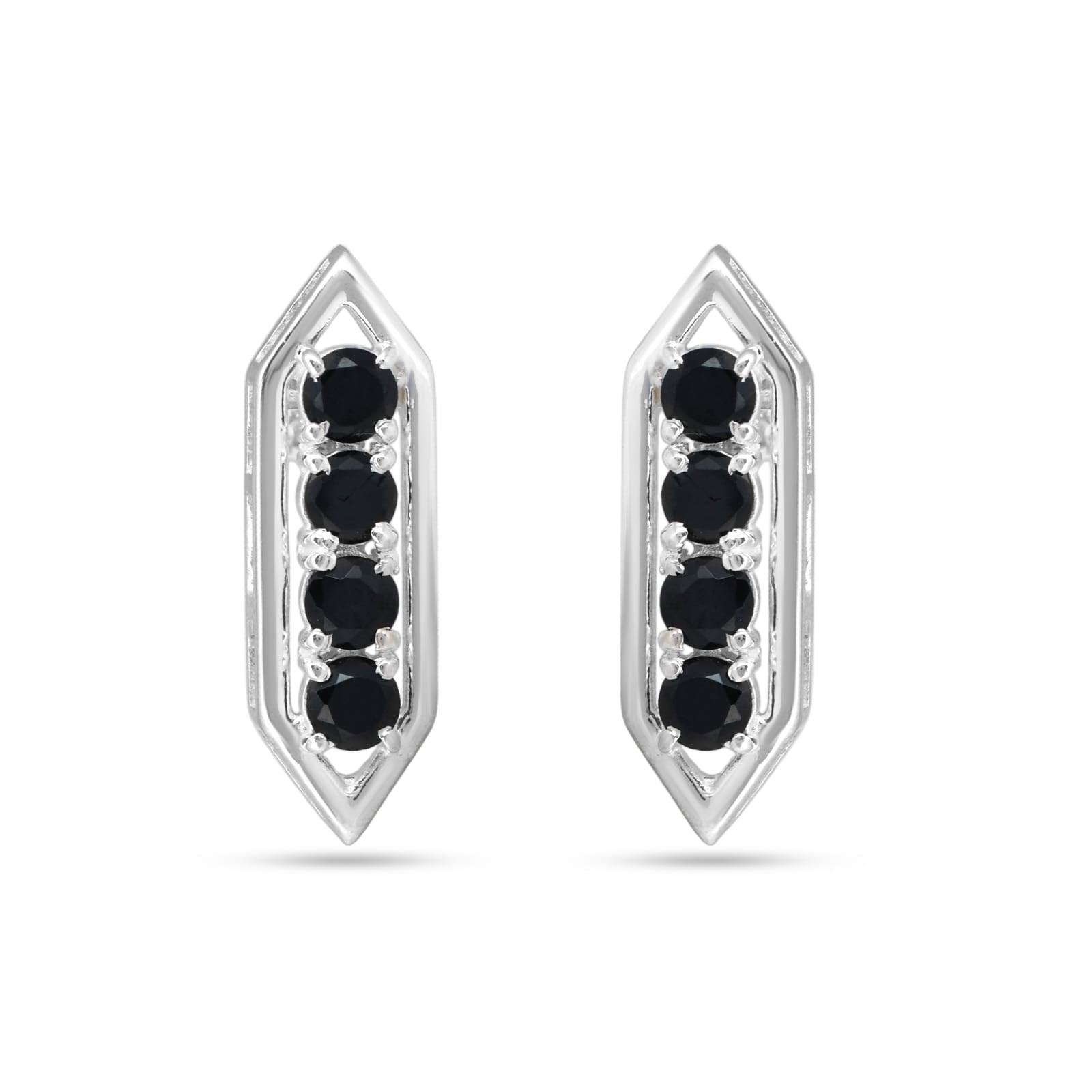 Pair of silver earrings with black gemstones on a white background