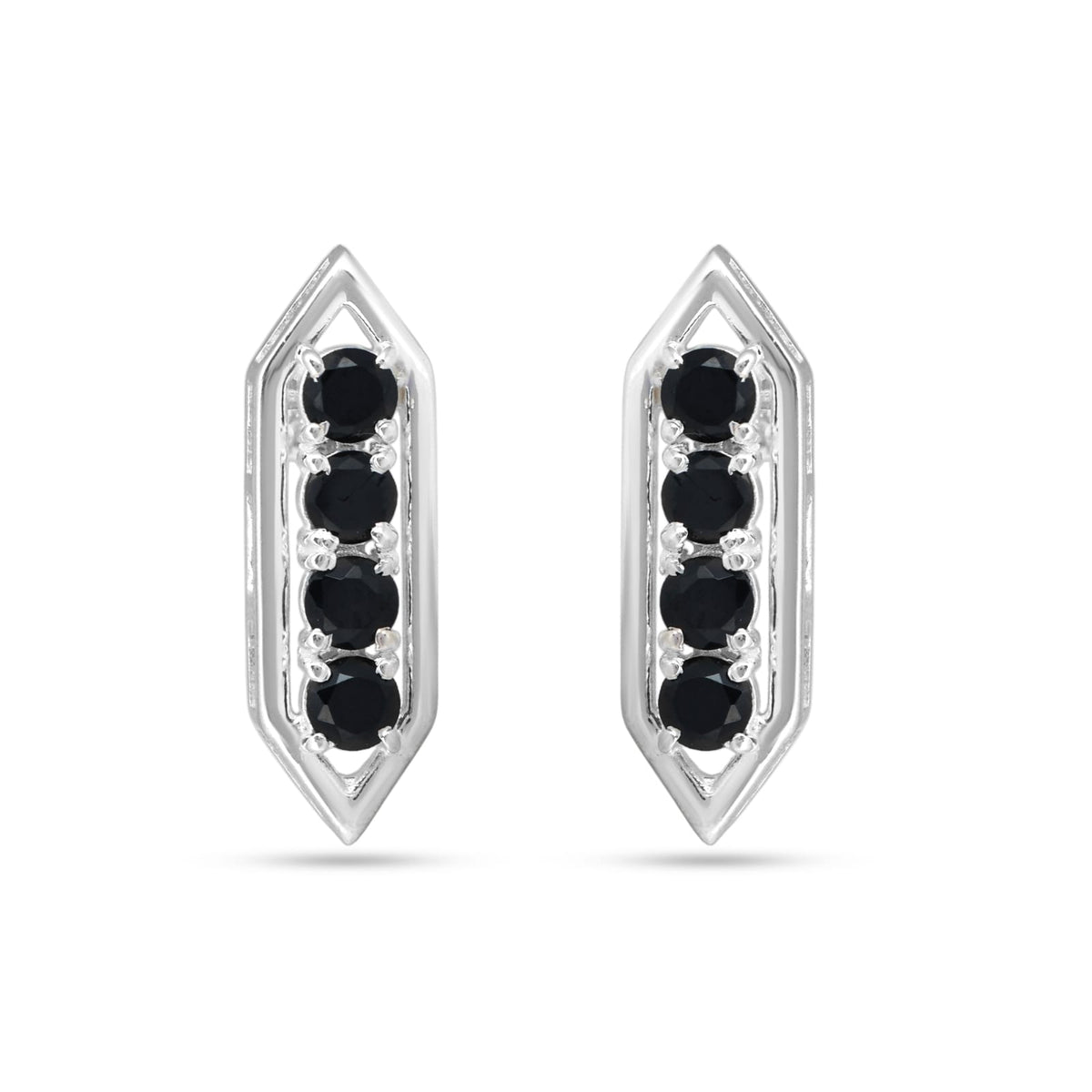 Pair of silver earrings with black gemstones on a white background