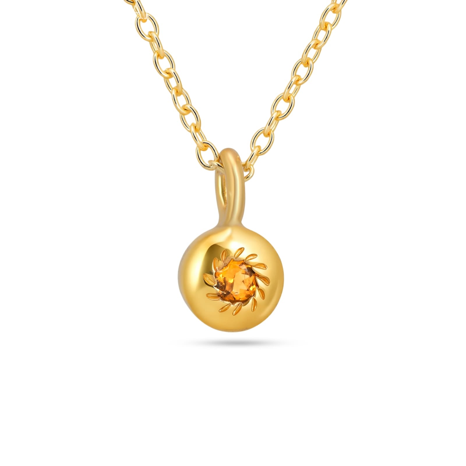 Gold necklace with a round pendant on a white background
