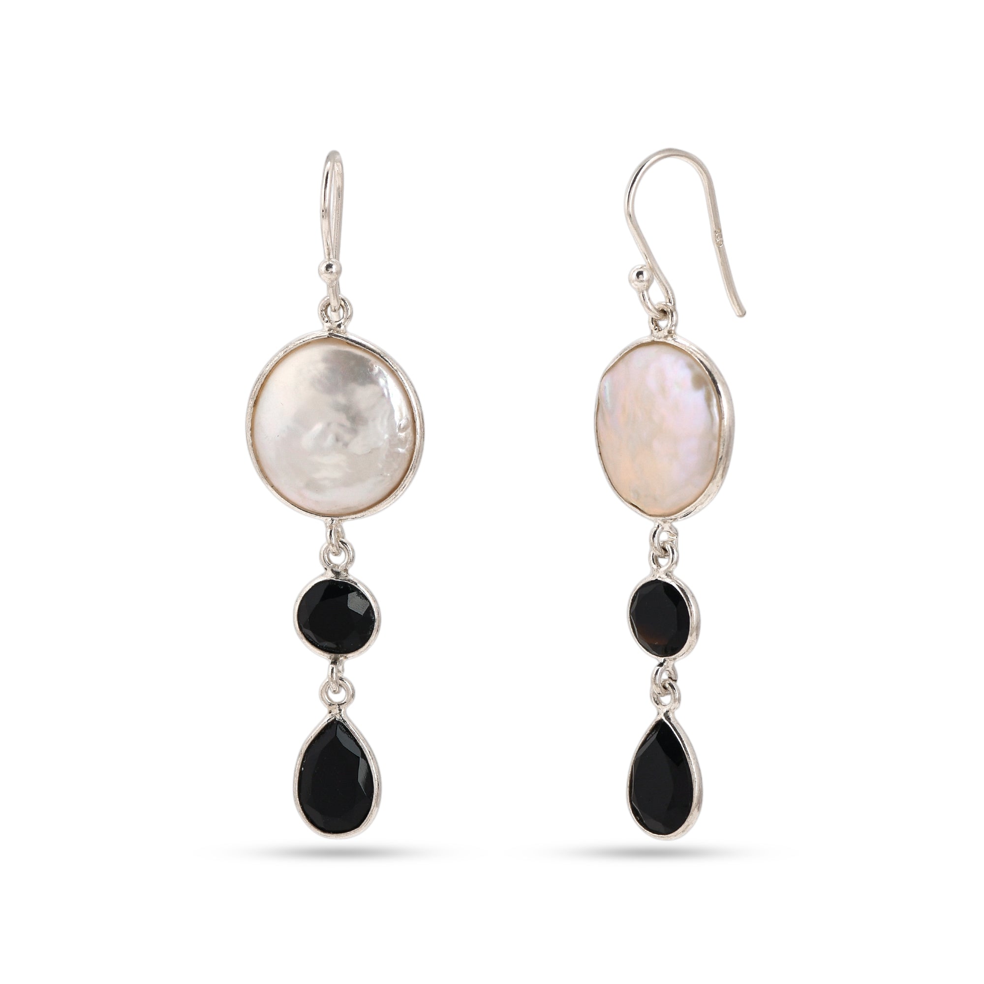 Pair of earrings with oval and teardrop-shaped gemstones on a white background