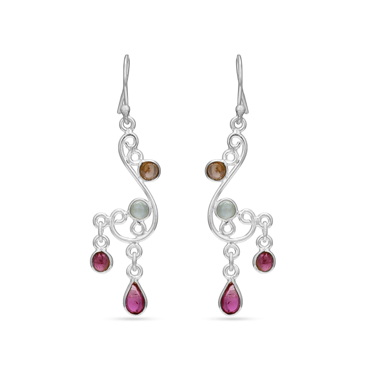Silver earrings with gemstones on a white background