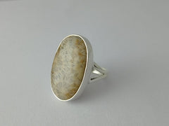 Oval Beige Fossil Coral Silver Ring