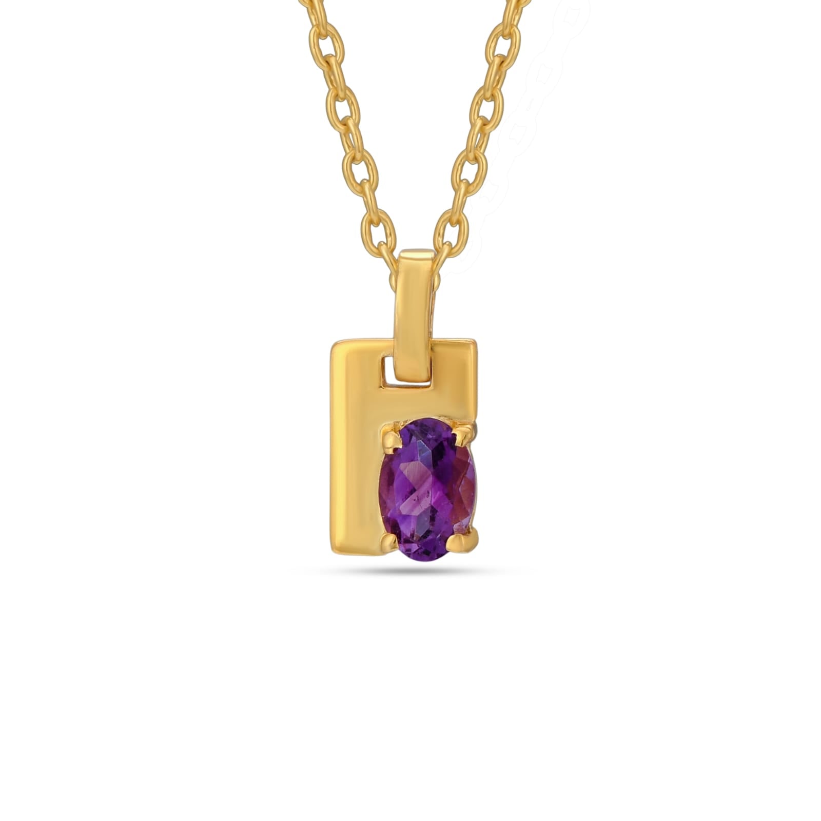 Gold pendant with a purple gemstone on a white background