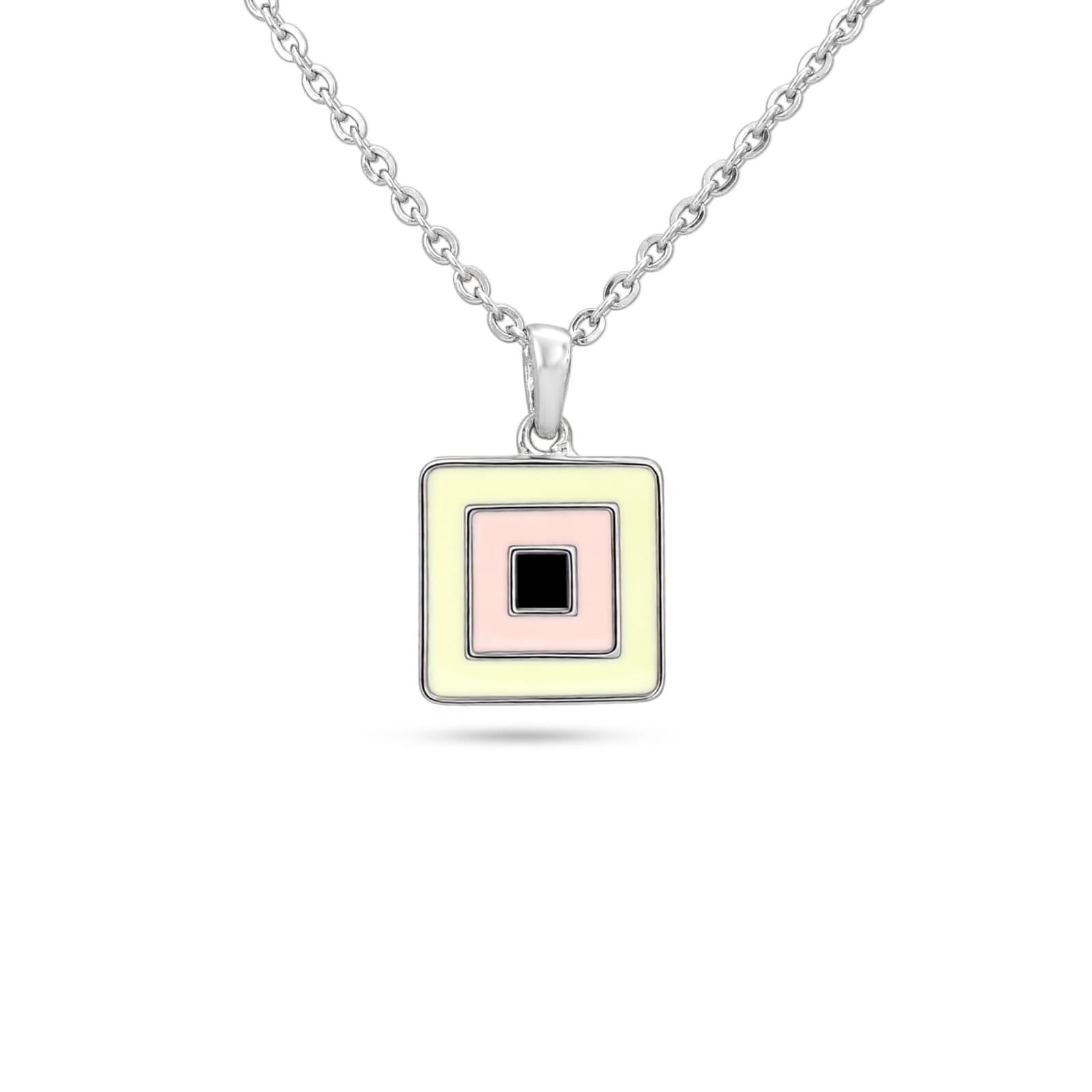 Square pendant necklace with pink and yellow accents on a white background