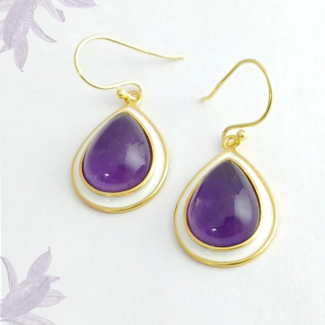 Pear Purple Amethyst Silver Earring with White Enamel