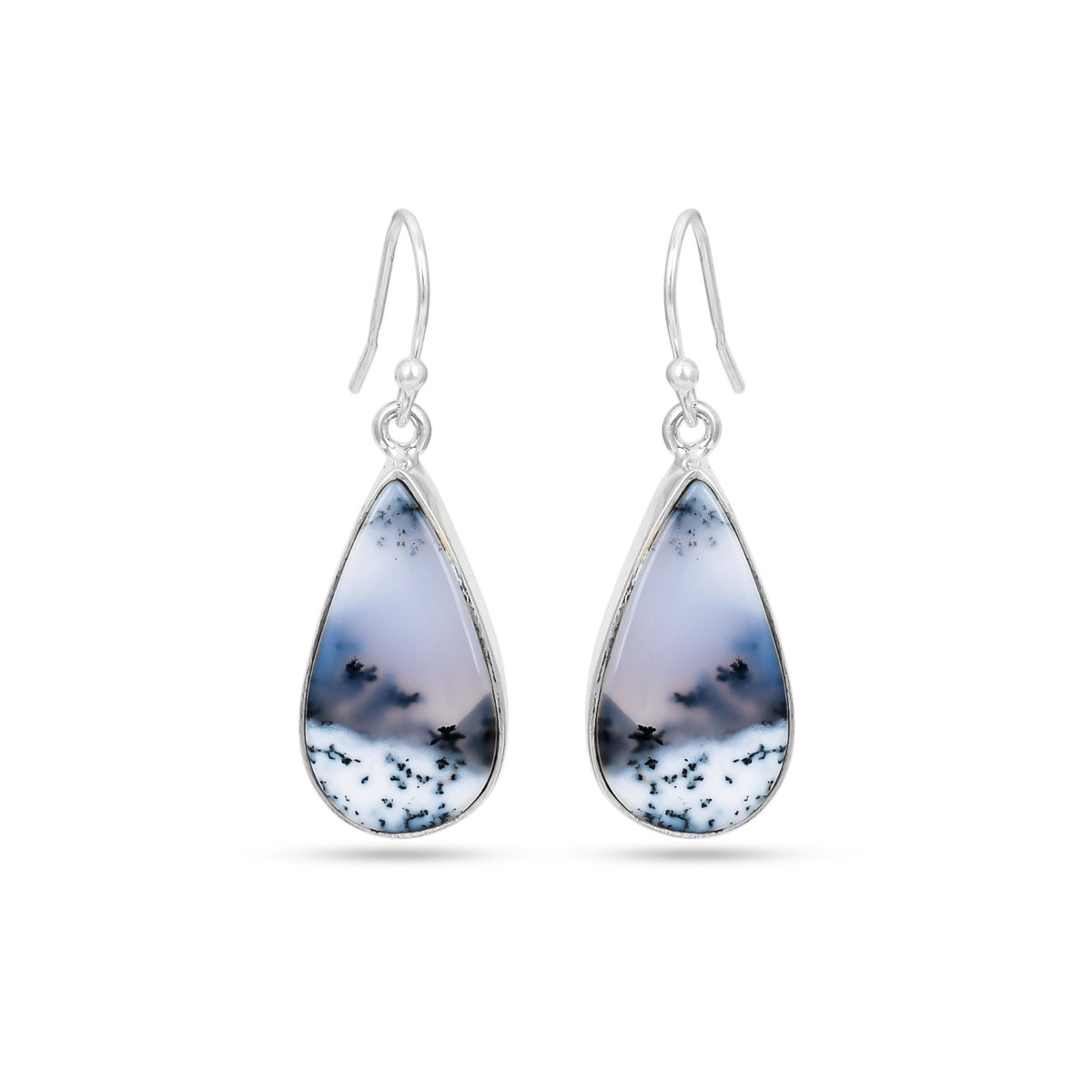 Pear Light Grey Dendritic Agate Silver Earring