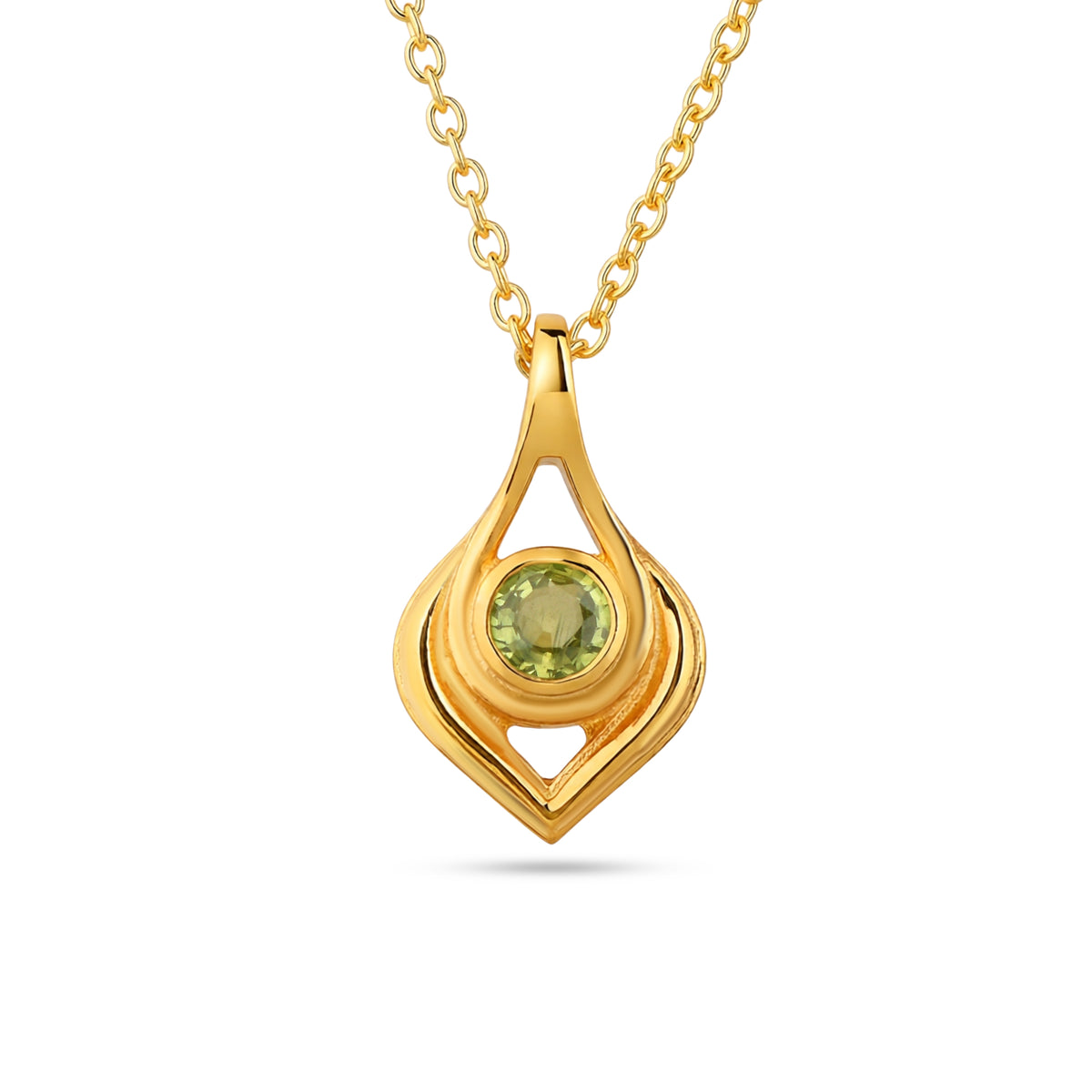 Gold pendant necklace with a green gemstone on a white background
