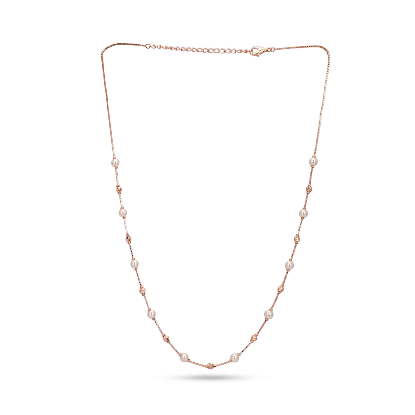 Rose gold necklace with pearls on a white background