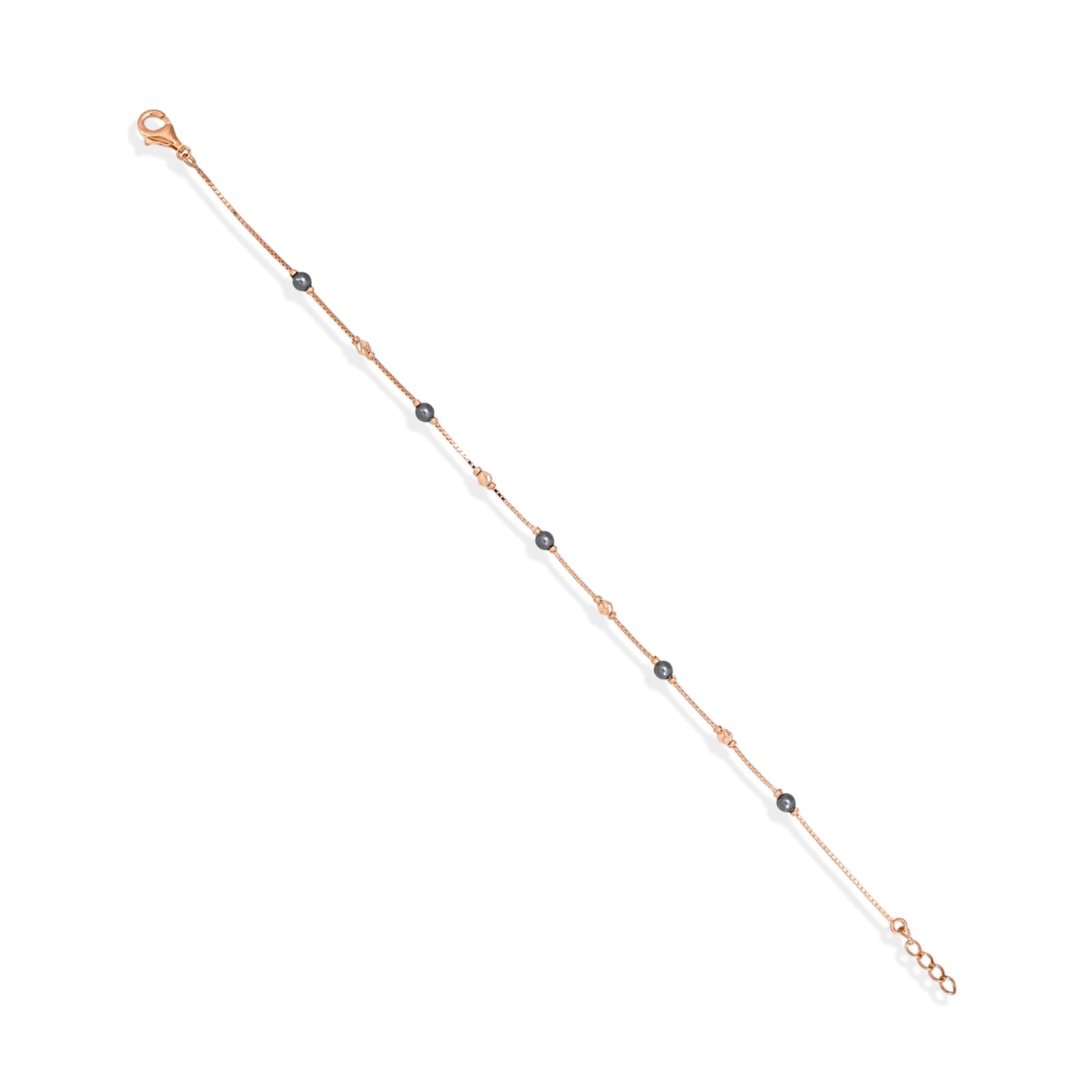 Gold bracelet with black beads on a white background