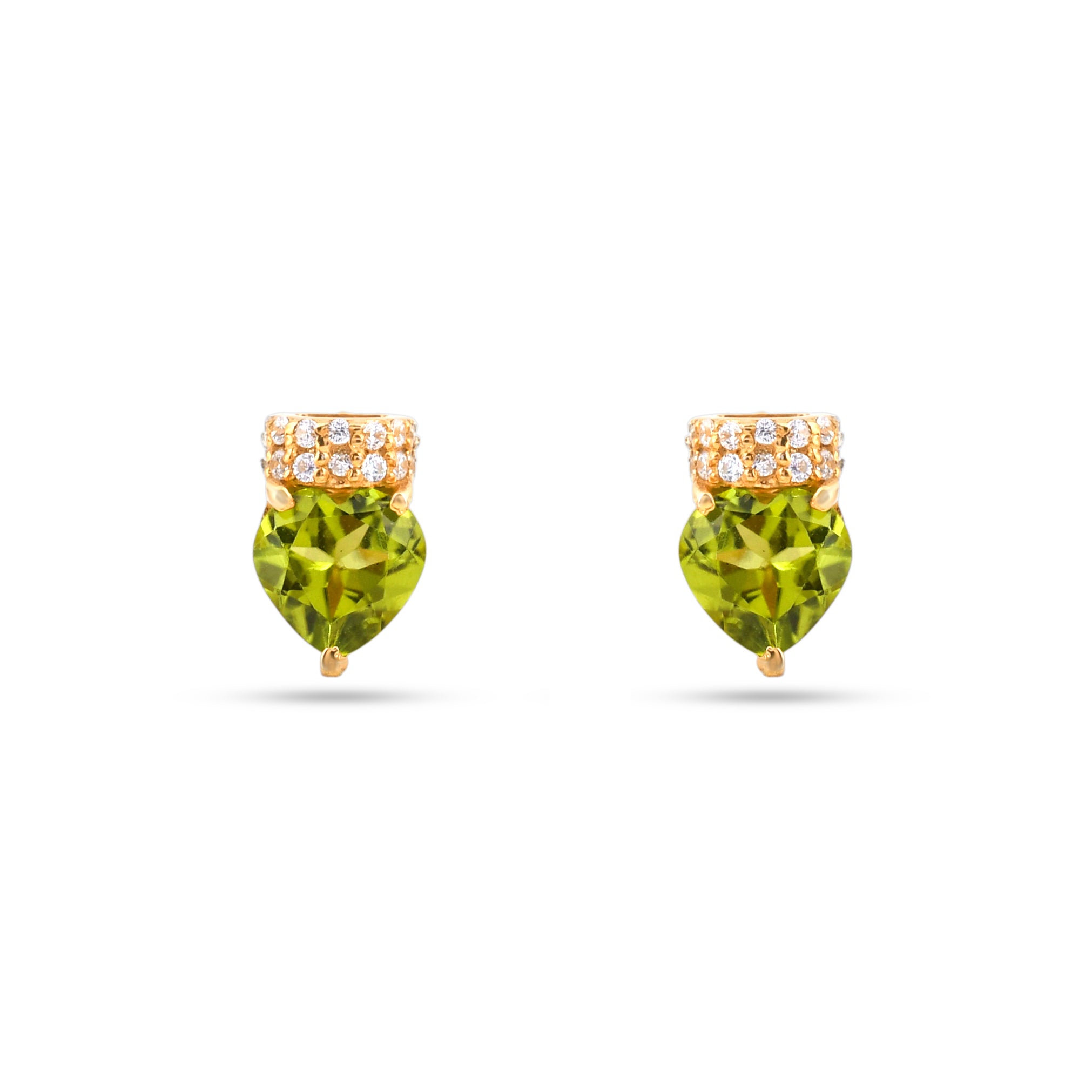 Pair of green gemstone earrings with gold accents on a white background