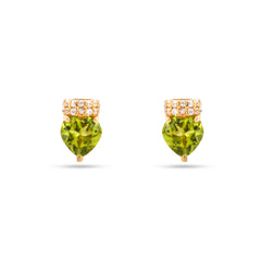Pair of green gemstone earrings with gold accents on a white background