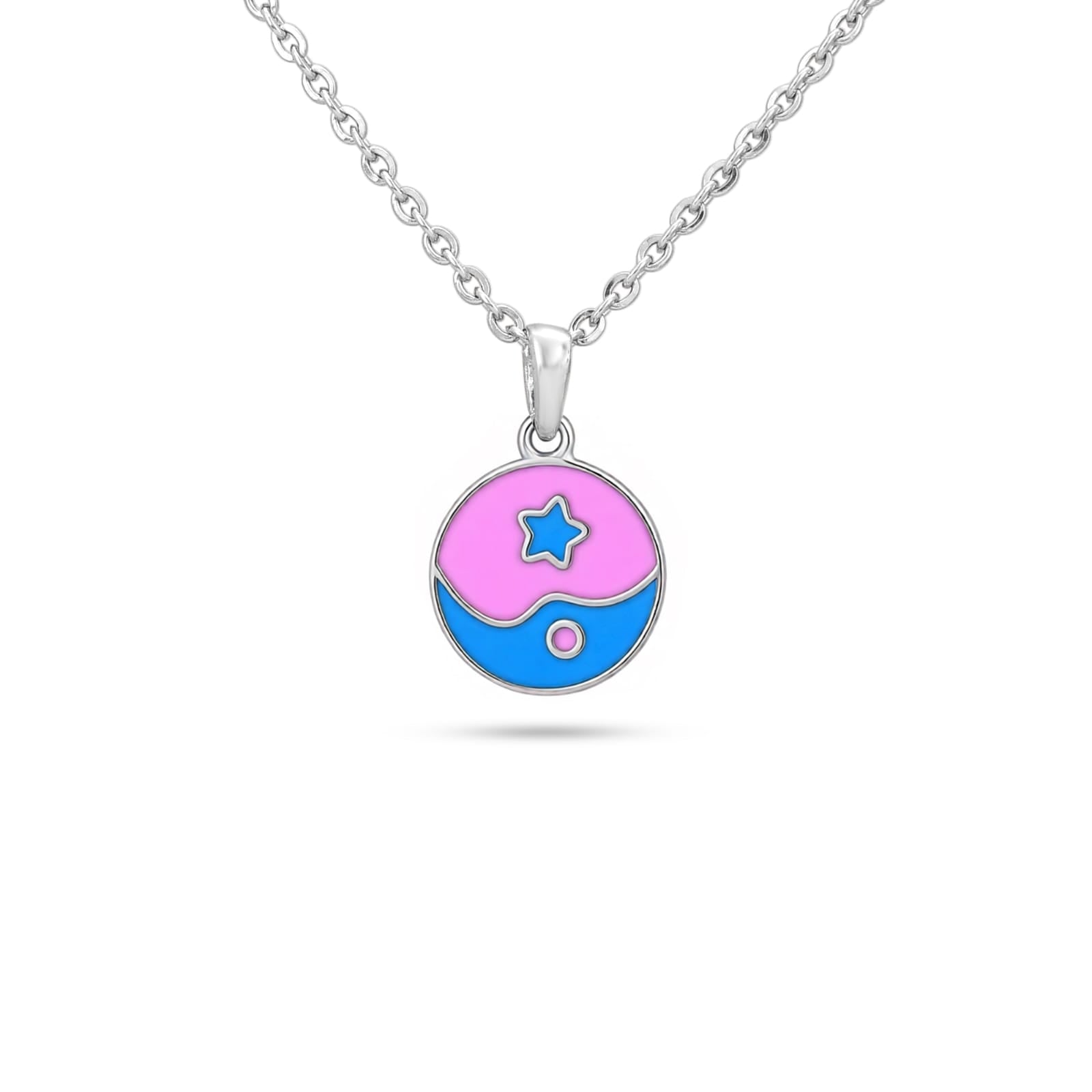 Necklace with a pink and blue pendant on a white background