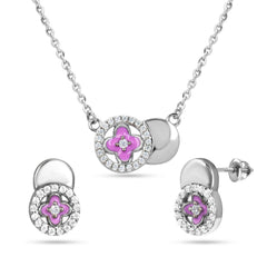 Silver jewelry set with pink floral designs on a white background