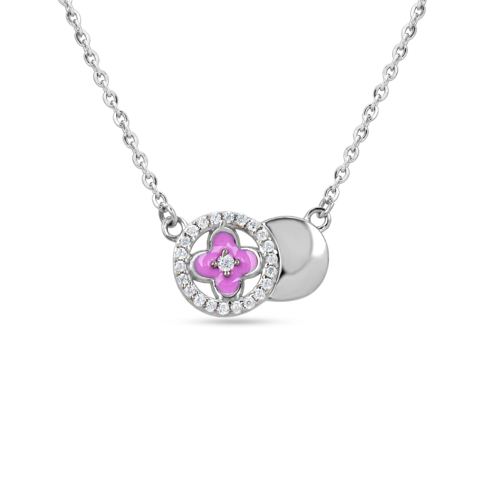 Silver necklace with a pink flower pendant on a white background