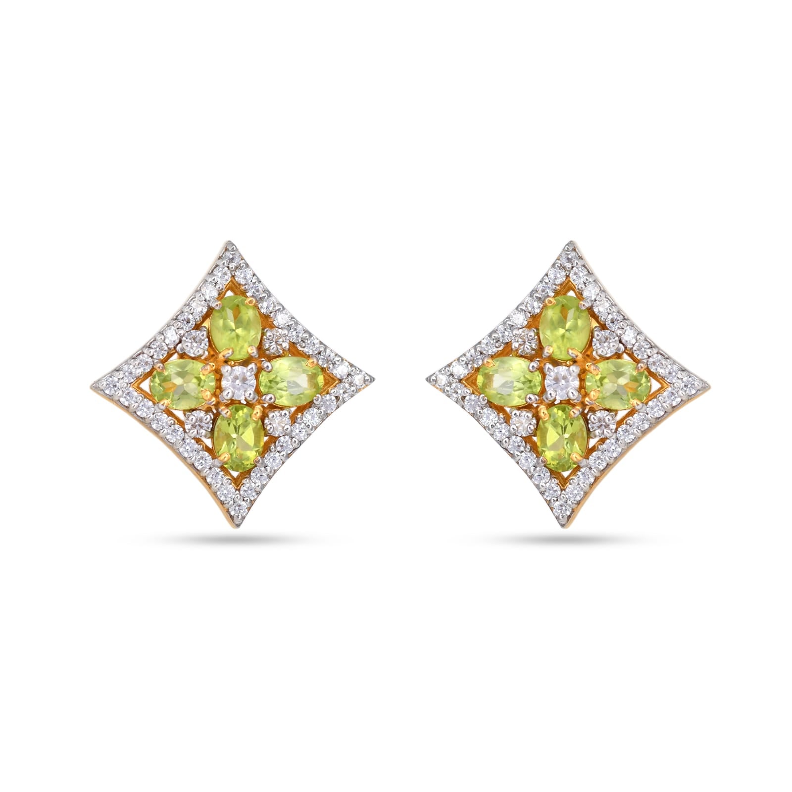 Pair of diamond and peridot earrings on a white background