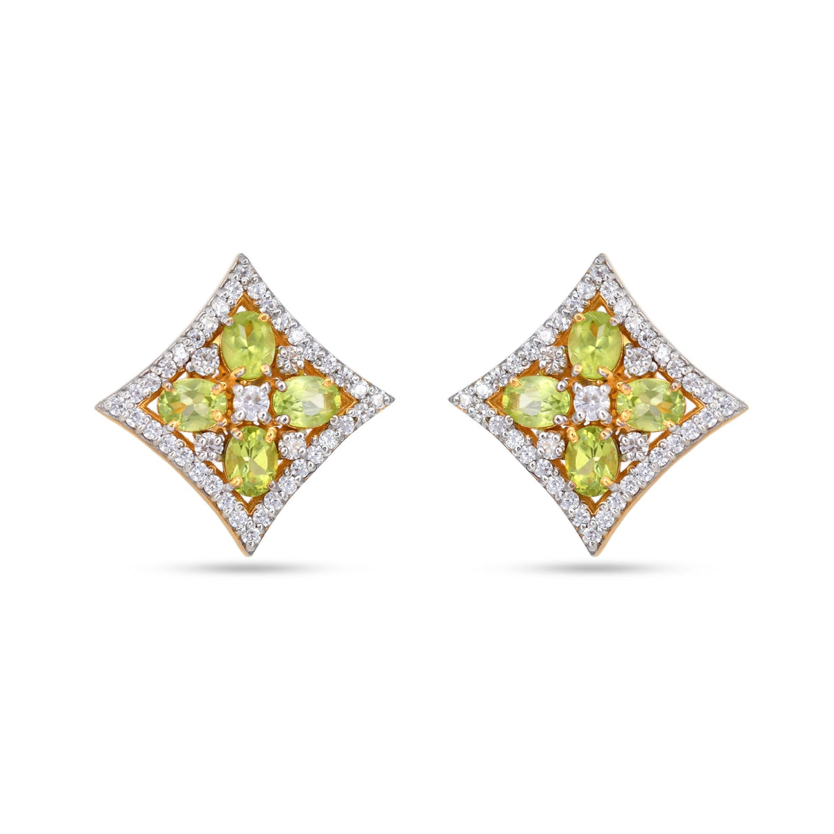 Pair of diamond and peridot earrings on a white background