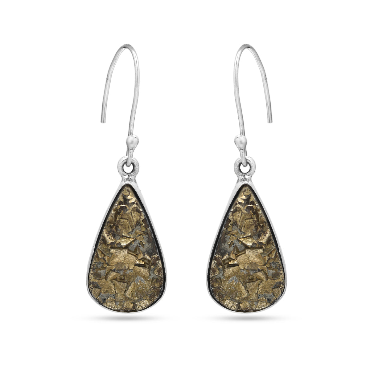 Teardrop-shaped earrings with textured design on a white background